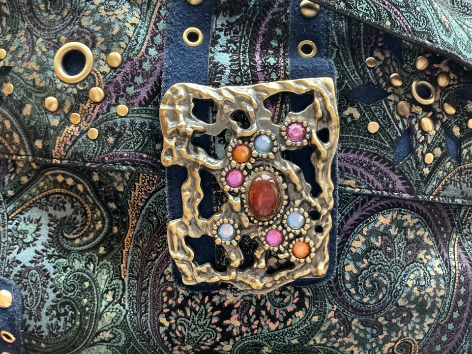 Hermoso Bolso de Mano SHARIF STUDIOS Azul Paisley con Flecos y Cierre con Joyas Foto 3 de 4