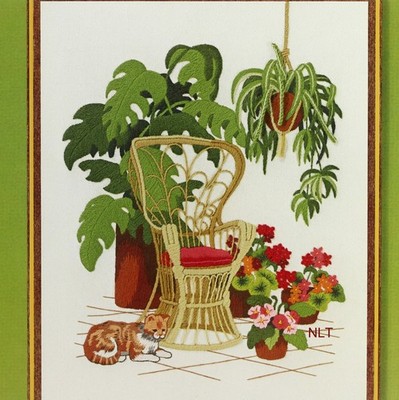 Vintage Crewel Embroidery Kit Garden Cat Wicker Chair Houseplants Solarium