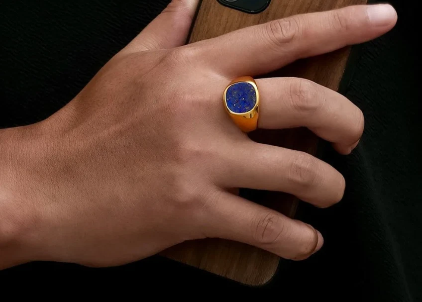 Gold Plated Cushion Cut Lapis Lazuli Men's Ring 925 Silver Signet Ring For Him - Image 3 of 3