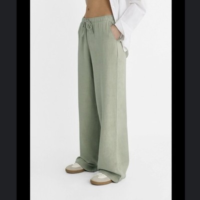 Ces Femmes Women s Medium Olive Green Linen Pants Wide Leg Summer Comfort