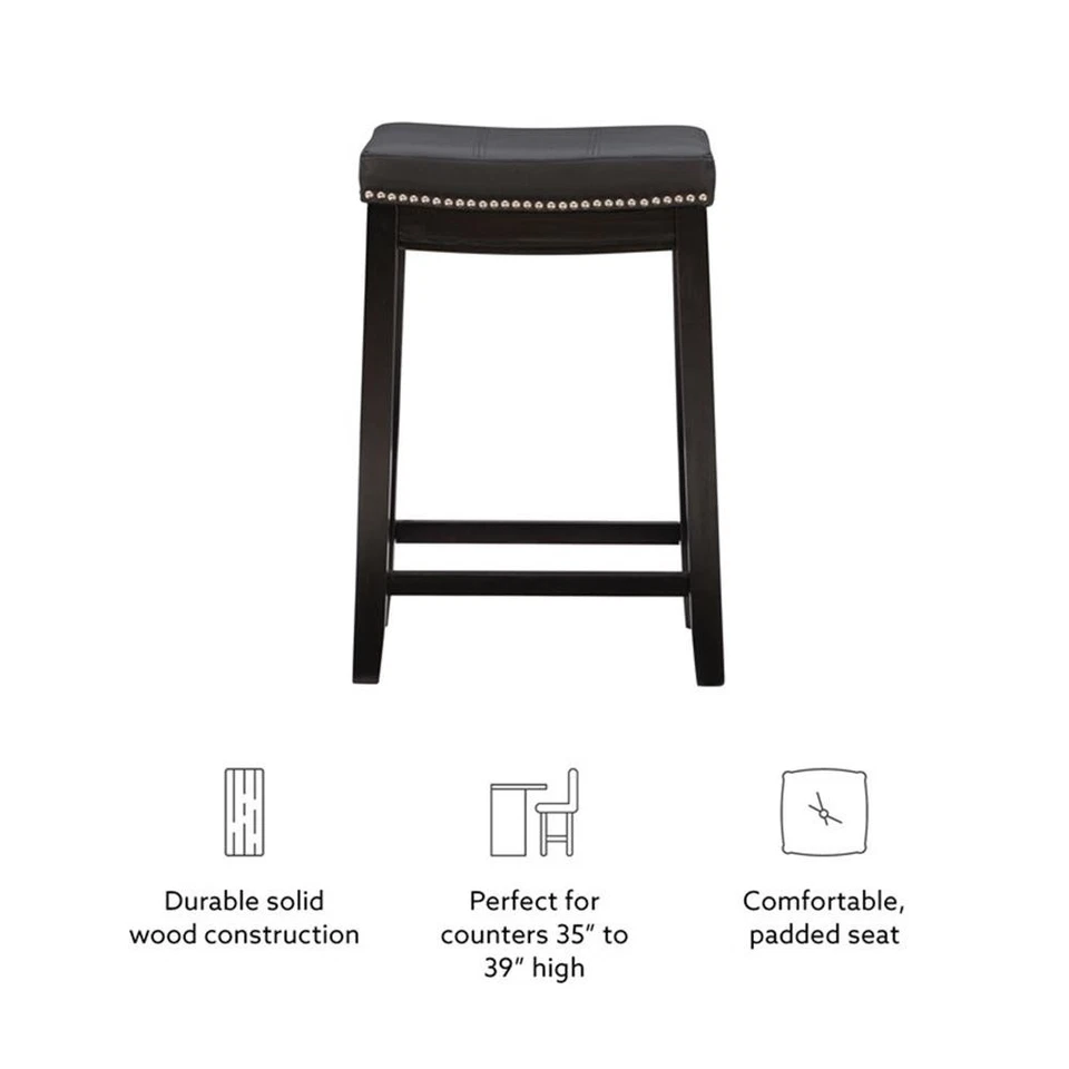 Linon Claridge Backless Counter Stool Nailhead Trim Faux Leather in Black Wood - Image 3 of 4