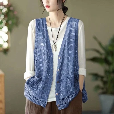 HOT-Damen Häkel Weste Strick Cardigan Tank Top Ethnisch Ärmellos mit Taschen - Bild 1 von 4