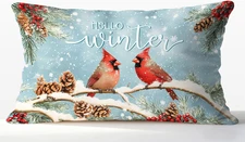 Hello Winter Cardinal Christmas Pillow Covers 12X20, Winter Home Decor, Holiday 