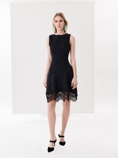 Oscar de la Renta Floral Lace Tweed Dress Blue Wool Black Fit & Flare XL 12 NWOT