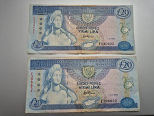Cyprus 2 x 20 pounds 1993 with dots above rare banknotes