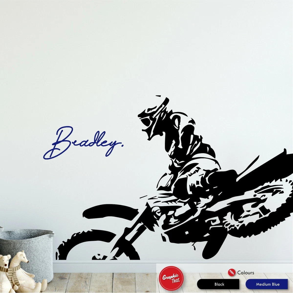 Personalised Motocross Wall Art Sticker Boys Dirt Bike Bedroom