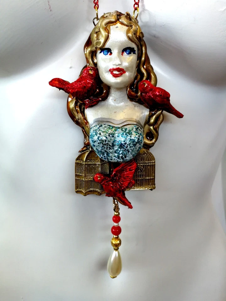 Joyería con cabeza de muñeca collar colgante joyería de lujo real Art Deco jaula para pájaros rojos Foto 4 de 4
