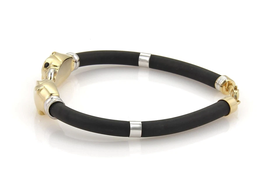 RCI 18k Two Tone Gold & Sapphire Double Panther Head Rubber Cord Bracelet - Image 3 of 4