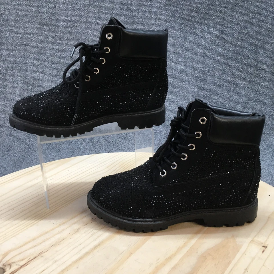 Botas de bambú para mujer 6 botines al tobillo cuero negro con cordones estrás tacones Foto 2 de 4