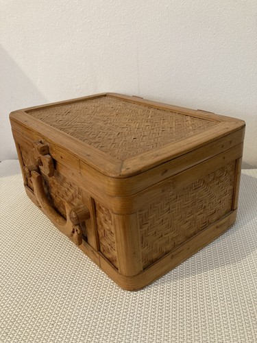Boite Coffret En Osier Tressé Vintage / Ancienne Petite Valise En Osier - Picture 3 of 17