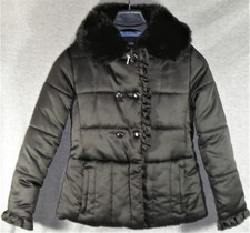 Girl's M 10/12 Rothschild Black Hooded Jacket Coat - Furry Collar Ruffles