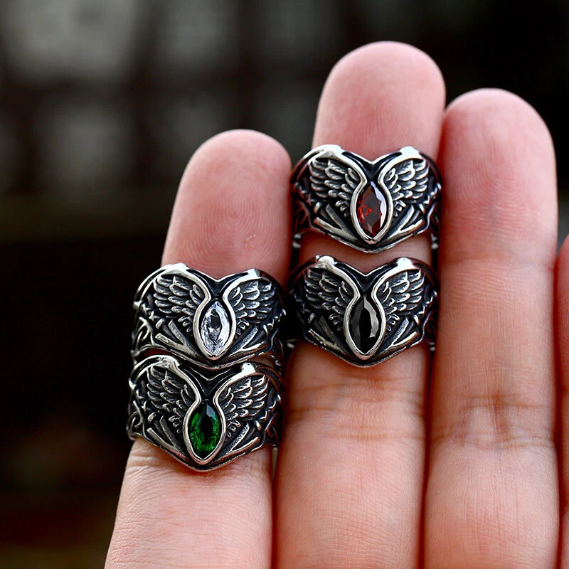 Anel de casamento vintage masculino feminino aço inoxidável asas de anjo cristal vermelho - Imagem 3 de 3