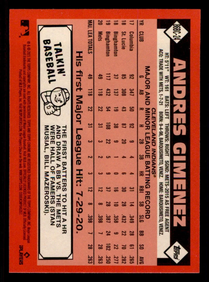 2021 Topps Chrome '86 Topps #86BC24 Andres Gimenez - Image 2 of 2
