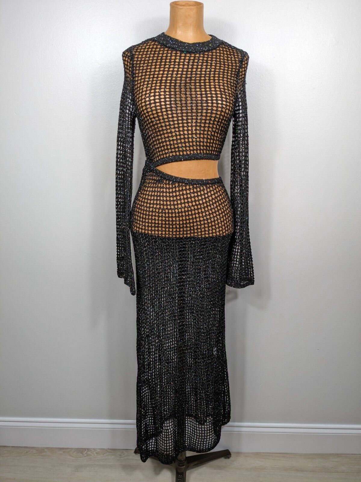 NBD Revolve Lo Sequin Dress Crochet Cut-Out Maxi Size XS Black Fish Net Beach