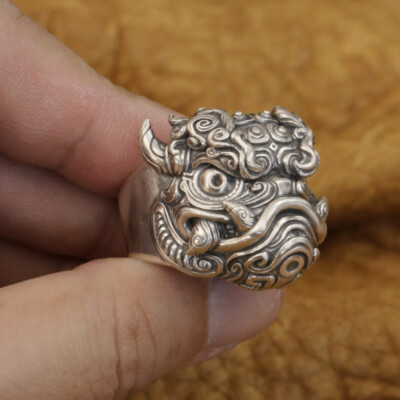 Kylin Lion 925 Sterling Silver Ring Mens Biker Punk Ring TA374A US