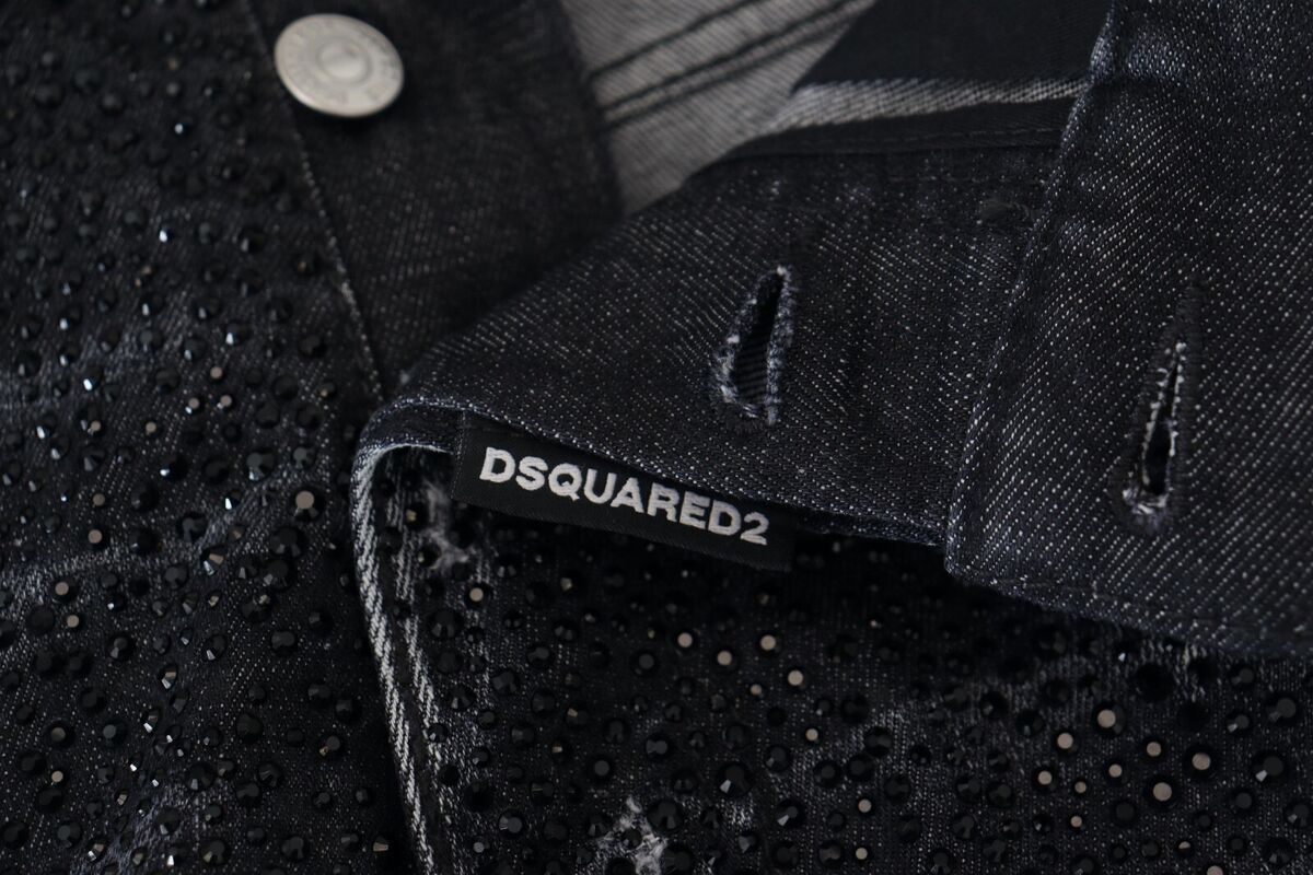 DSQUARED2 Jeans Black Crystal Embellished Tattered Denim DSQUARED2 Jeans Black Crystal Embellished Tattered Denim