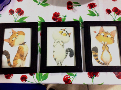 Cat Sweeties Wall Art Framed Wood Kitty Decor Tabby Calico 3 pc. set pity kitty