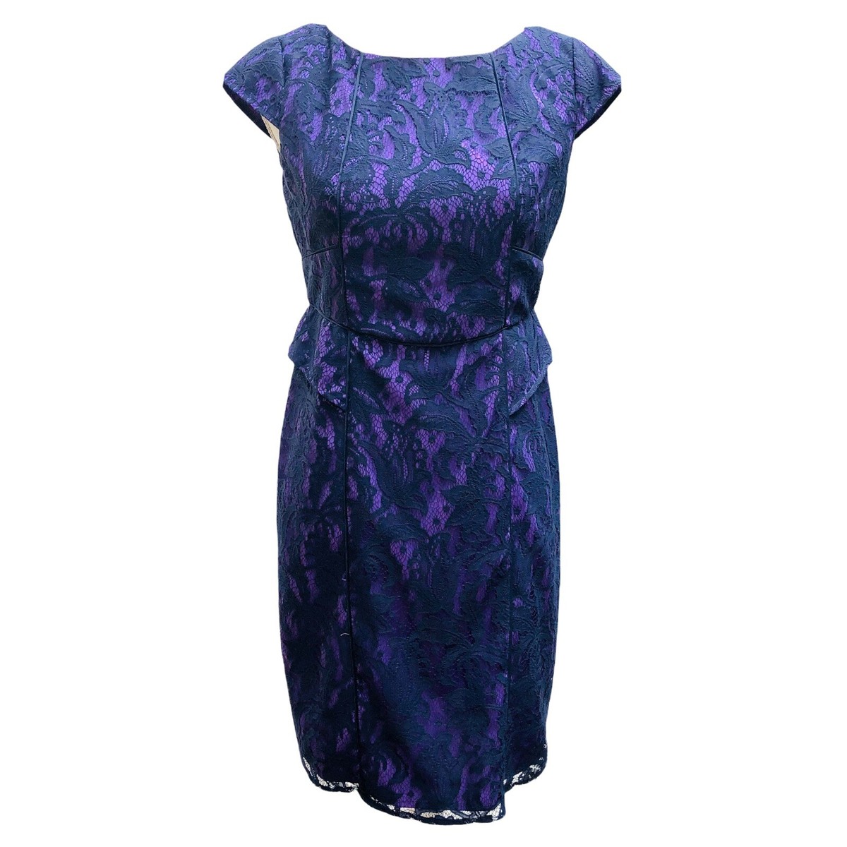 Adrianna Papell Purple Navy Blue Lace Overlay Peplum Cocktail Evening Dress  Sz 6
