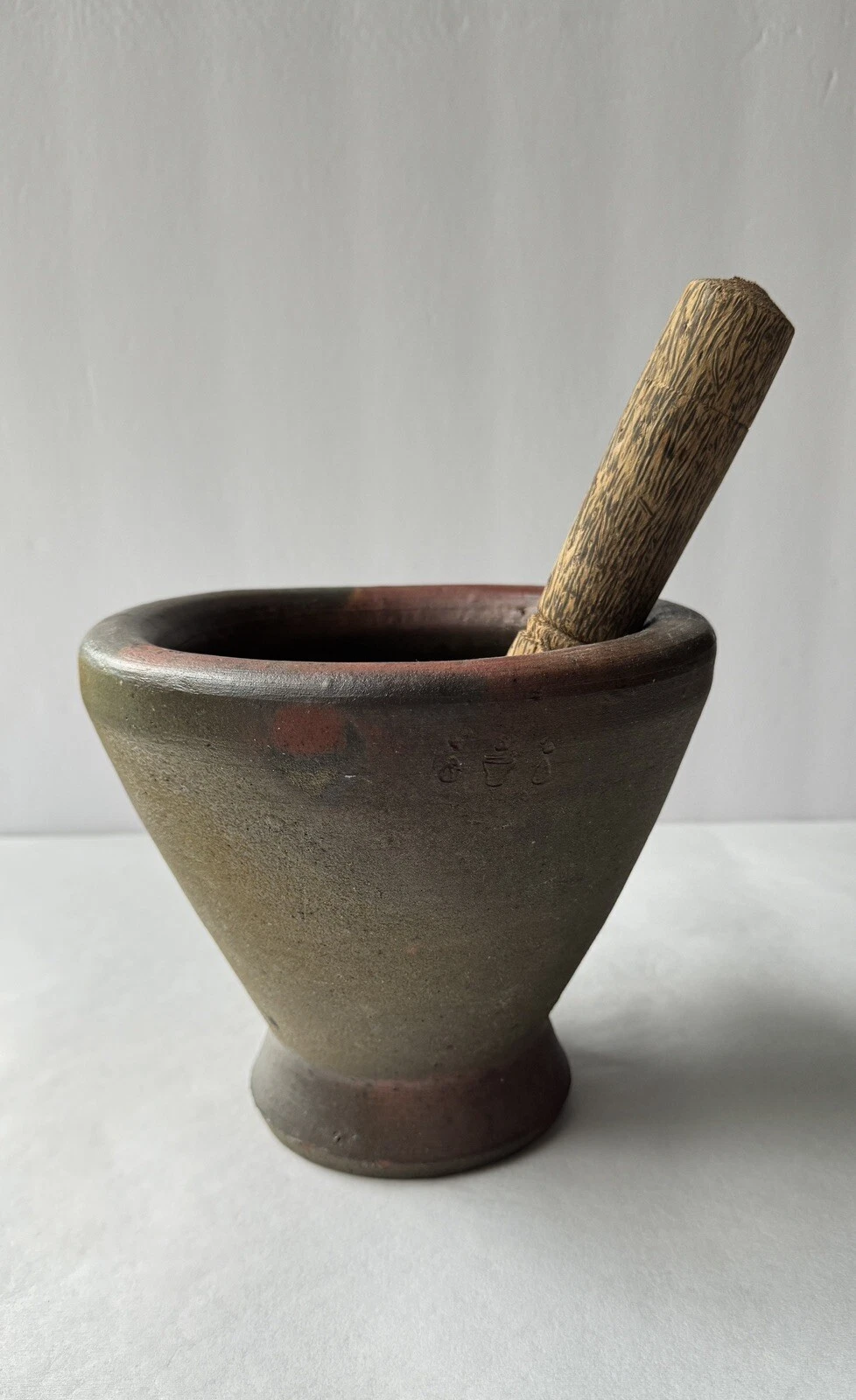 Vtg Ceramic Pottery Mortar and Wooden Pestle Set