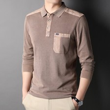 Men's Fashion Long Sleeve Pocket Polo Shirt Casual Autumn Warm Soft