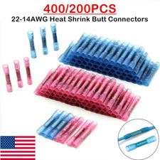 400/200pcs 22-14 AWG Heat Shrink Butt Wire Splice Connectors Crimp Terminals