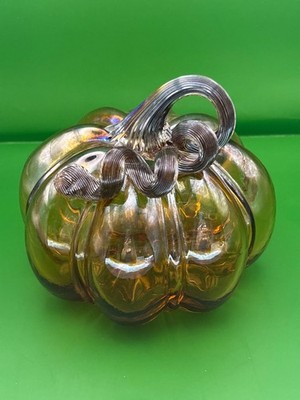 Hand Blown Art Glass Studio Pumpkin Amber Shades With Curly Gold Stem