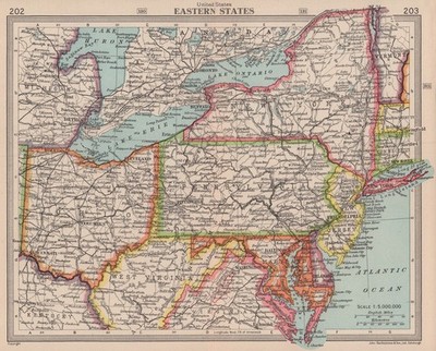 Ost USA. USA. Ohio NY WV MD Pennsylvania. Karte Bartholomäus 1949