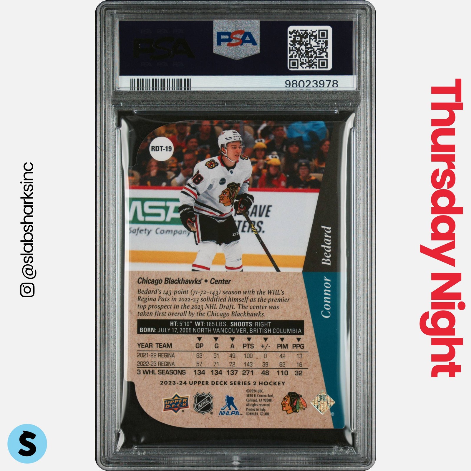 2023 UPPER DECK #RDT-19 CONNOR BEDARD 1994-95 ROOKIE DIE-CUTS RC PSA 8 view 2