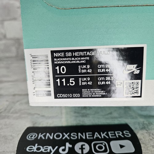 Nike SB Heritage Vulc Negro Blanco Zapatilla de Skate CD5010-003 Para hombres Talla 10 - Imagen 7 de 7