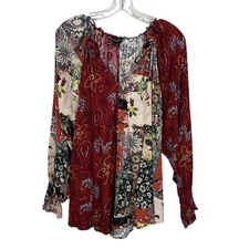 GiGiO USA Patchwork Maroon Floral Relaxed Fit Blouse Top Large L Button Front