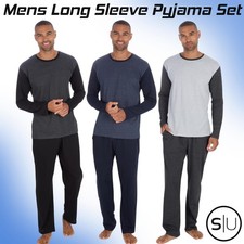 Mens Plain Contrast Long Sleeve Pyjama Set Cosy Lounge Set Pant Adults Nightwear