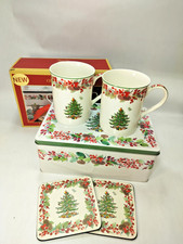Spode Christmas Tree 5-Piece Tin Set with 2 Coffee Mugs 2 Coasters, 1 Tin NIB