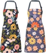 2 Pack Floral Apron for Women with Pockets, Adjustable Cotton Chef Aprons for Ki