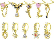 Dangle Nose Rings Hoops for Women 20G Piercings Gold Plated Ring