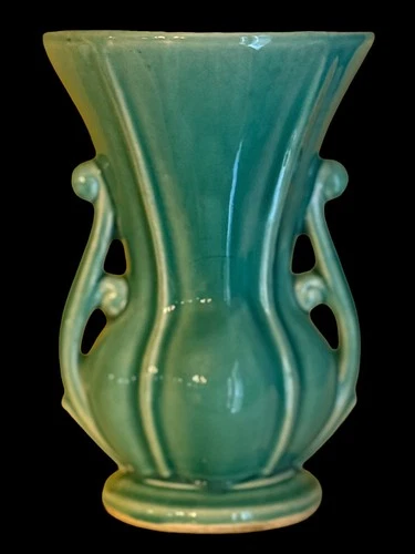 Vintage McCoy Art Deco Turquoise Double Handle Vase Ribbed USA Pottery
