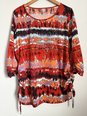 Thomas & Olivia Plus Size 1X Ruched Detail Tunic. Tie Dye Pattern. 3/4 Sleeve