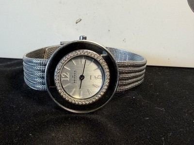 Skagen Womens Watch 363SSS Silver Ribbed Mesh Band Mirror Bezel Dial Rhinestones