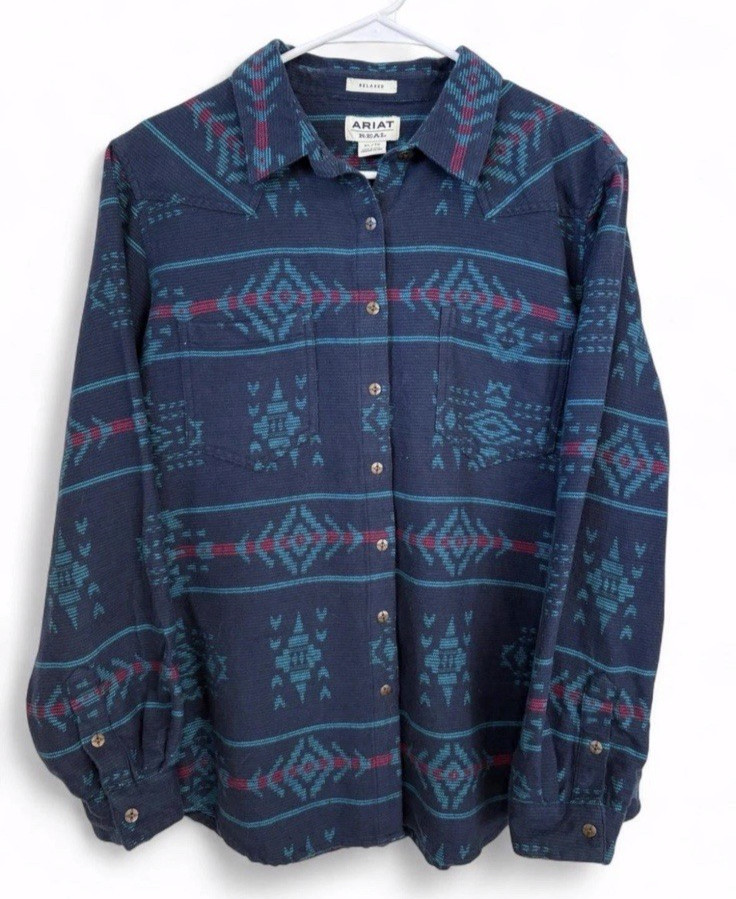 Ariat Real Western Aztec Women's Long Sleeve Button Up Flannel Shirt Size Large