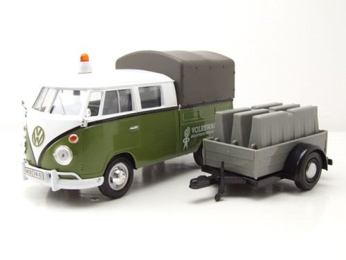 VW T1 Bus Plataforma Lona Verde Blanco con Remolque Coche Modelo 1:24 MotorMax - Imagen 4 de 9