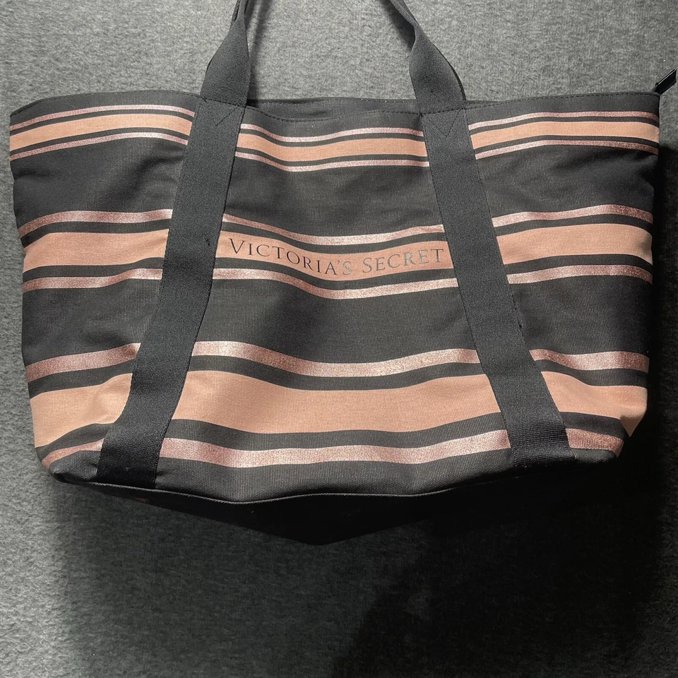 2 pc Victorias Secret Pink Black Stripe Love Zip Weekender Travel Tote Keychain - Image 2 of 4