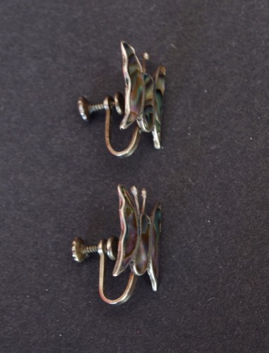 Pendientes Mariposa Esterlina y Concha de Abulón, Pendientes Clip Vintage Taxco - Imagen 5 de 5