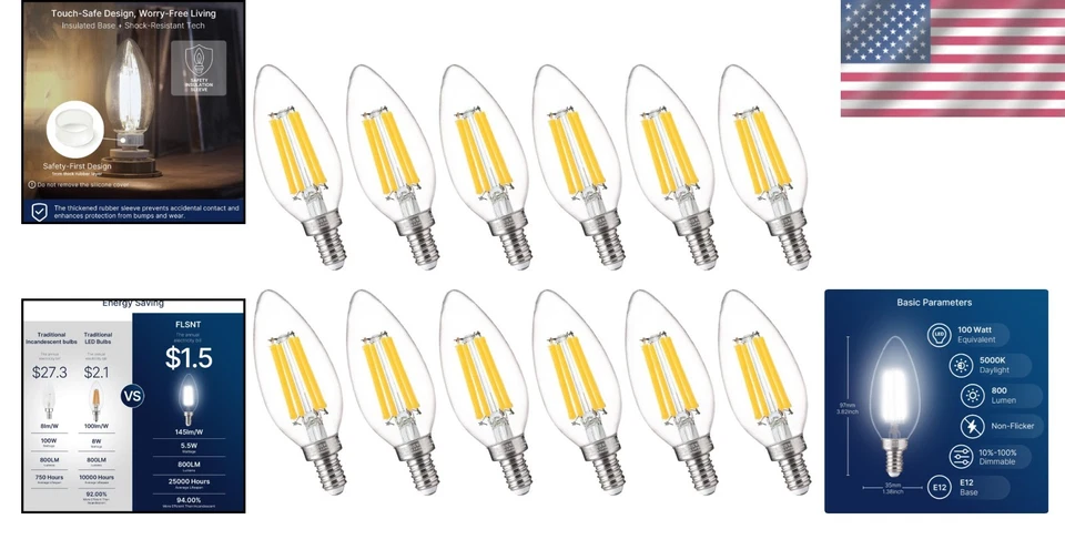 12-Pack E12 Dimmable LED Bulbs - 100W Replacement, 5000K Daylight, Flicker-Free - Image 2 of 4