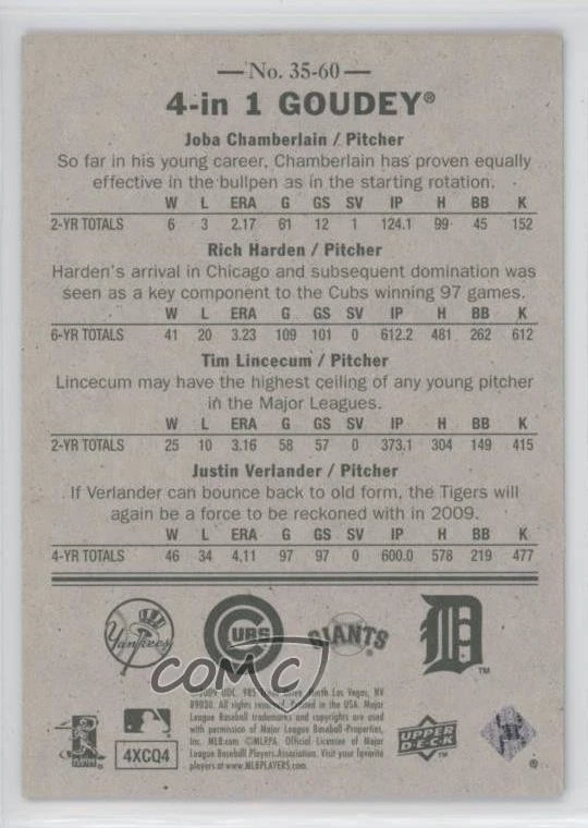 2009 Upper Deck Goudey 4-in-1 Blue Joba Chamberlain Rich Harden Justin Verlander - Image 2 of 2