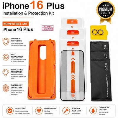 3x Privacy Screen kompatibel mit iPhone 16 Plus + Camera Lens Kit