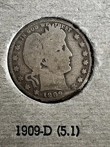 1909-D Barber Liberty Head Quarter 90% Silver Denver Mint US Coin Auction NR