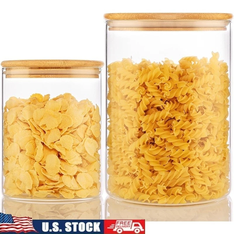 Large Glass Storage Jars W/ Airtight Bamboo Lids Food Container Set 2 Pack New