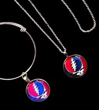 Grateful Dead Steal Your Face Necklace Bracelet Gift Set Glass Cabochon Pendants