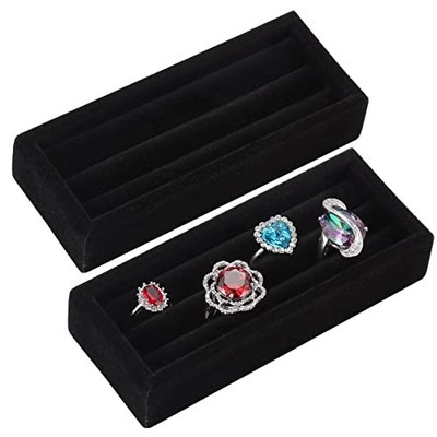 2 Slots Velvet Small Ring Organizer Set of 2 Earrings Trays Black (2 Set)