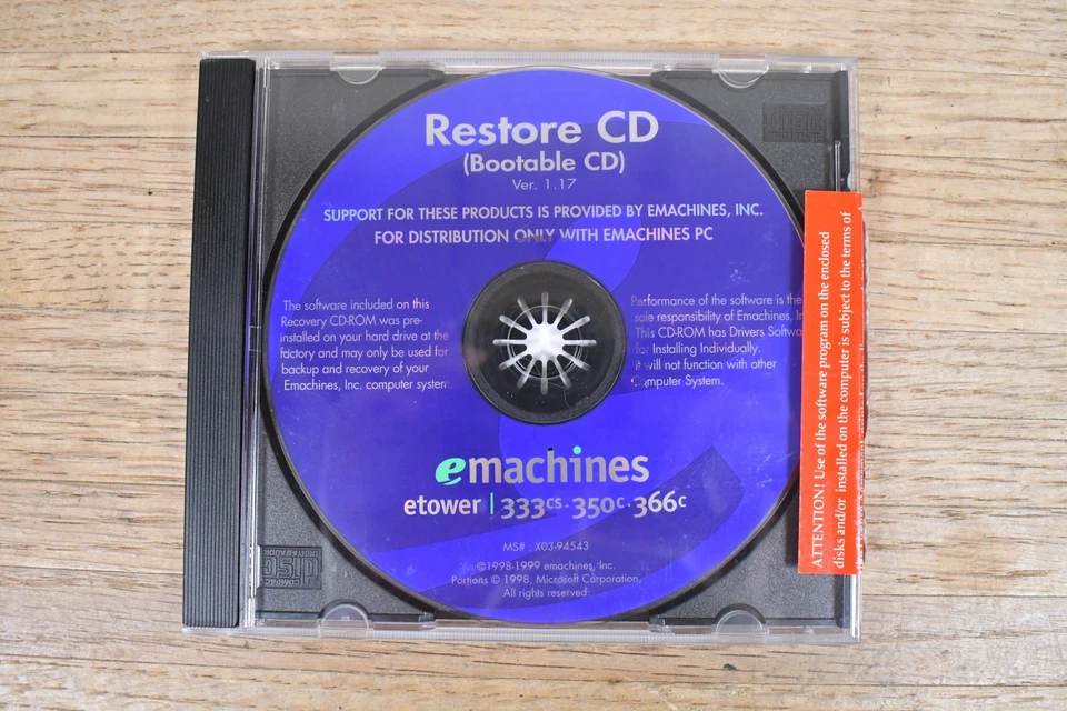 RARE eMachines Bootable System Restore CD for etower 333cs 350c 366c Vtg 1999 - Image 3 of 4