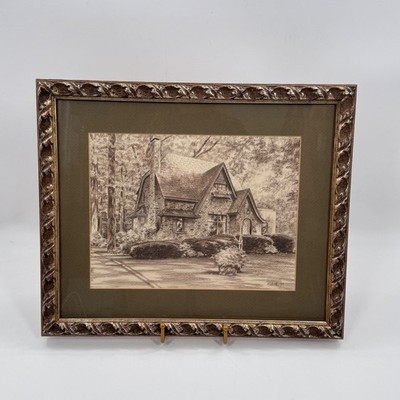Vintage Signed Pencil Drawing Storybook English Cottage Framed 1989